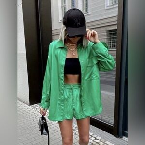 ZARA Green Satin Oversized Overshirt Shirt & Shorts Lounge Co Ord Set Size S
